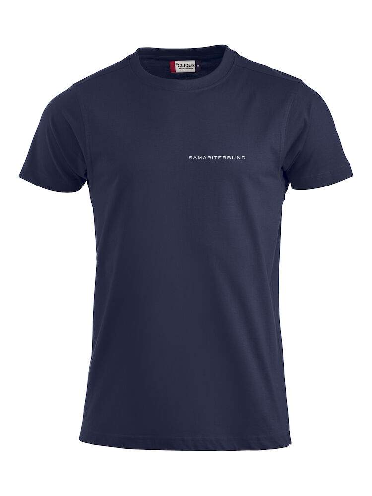 ASB&Ouml; B&uuml;ro/Freizeit T-Shirt Navyblau mit wei&szlig;en Samariterbund Schriftzug auf der linken Brust - Vorderseite