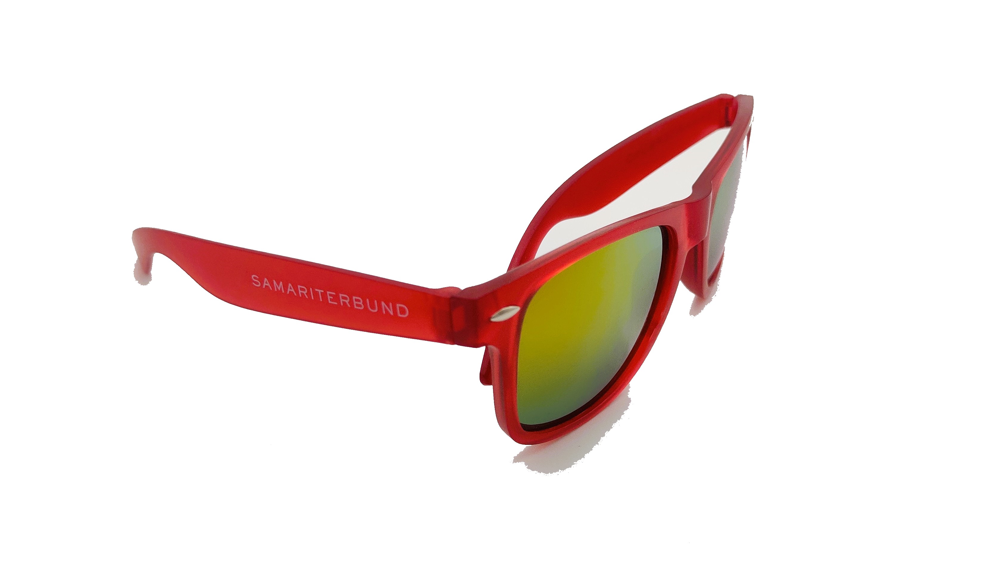 Sonnenbrille in rot mit goldenen Gläsern und weißen Samariterbund Schriftzug am Bügel 